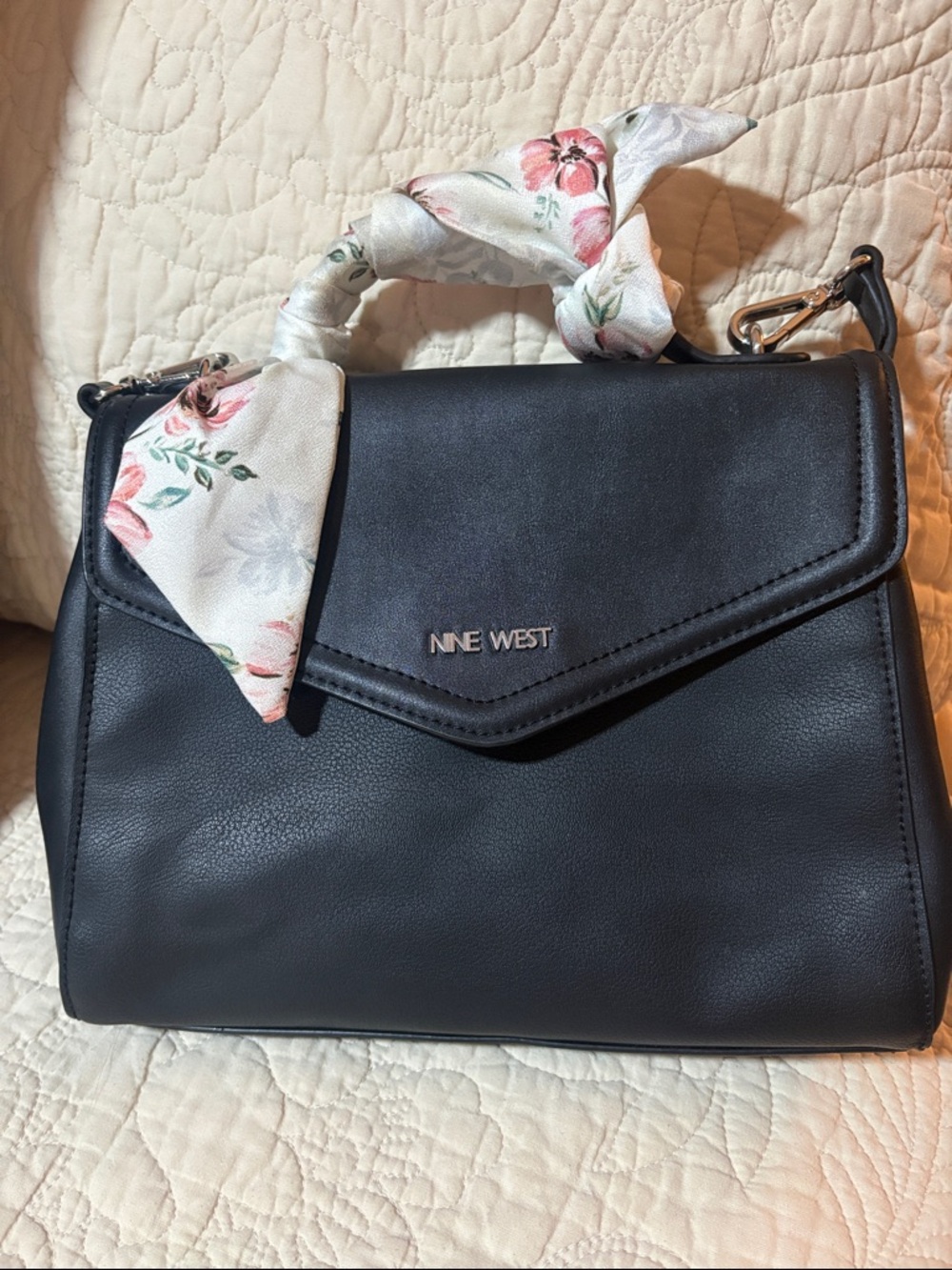 Nine West Black Satchel with Floral Scarf Accent
